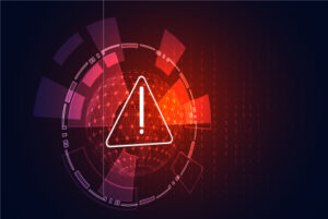 Futuristic red triangular warning icon with an exclamation mark, surrounded by digital HUD elements on a dark background signifying a system alert.