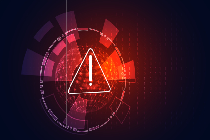 Futuristic red triangular warning icon with an exclamation mark, surrounded by digital HUD elements on a dark background signifying a system alert.