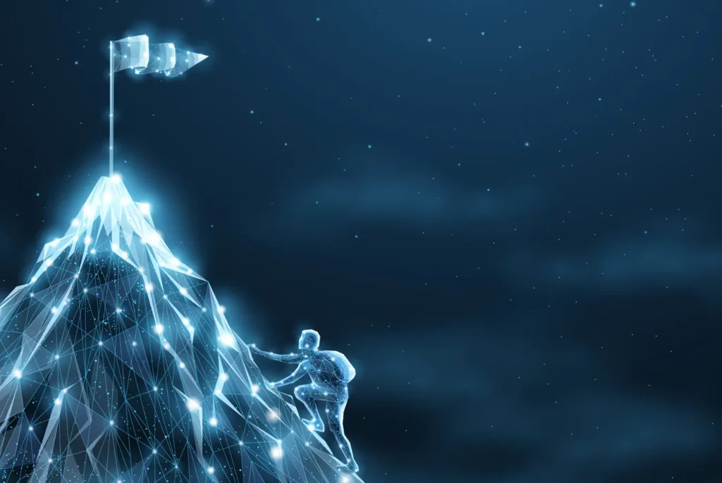 artistic image of a mountain climber nearing the peak